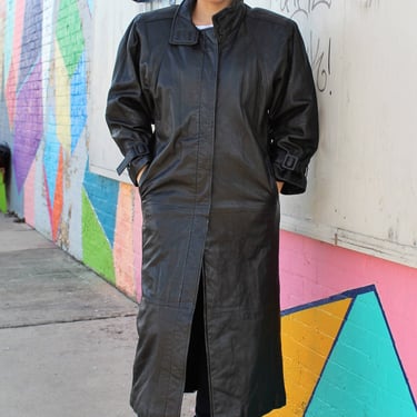 Long Leather Coat, Vintage 1980s Avanti Black Leather Coat, Small Women, Maxi Coat, Dolman Sleeves 