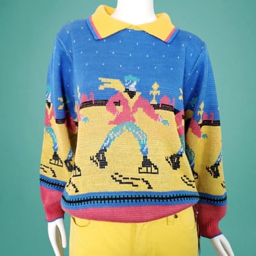 Graphic 1980s ski sweater vintage jacquard knit puff shoulders balloon sleeves collared soft & bold colors new wave winter (M/L) 