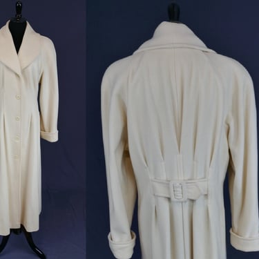 80s Cream Wool Blend Coat - Dramatic Back Waist Cinch and Darting Pleats - Together Spiegel - Vintage 1980s - M L 