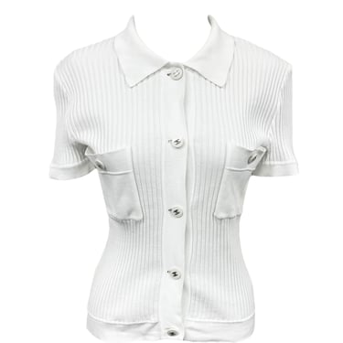 Chanel White Ribbed Logo Short Sleeve Button Down