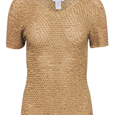 Oscar De La Renta - Golden Tan w/ Crocheted Wood Grain Sequin Top Sz S