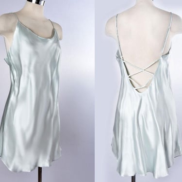 100% SILK Victoria's Secret Chemise Slip Nighty Dress Light Blue Mint Gold Label Vintage Medium 