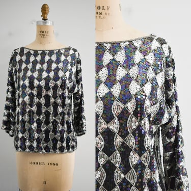 1980s Black and Silver Sequin Blouse 