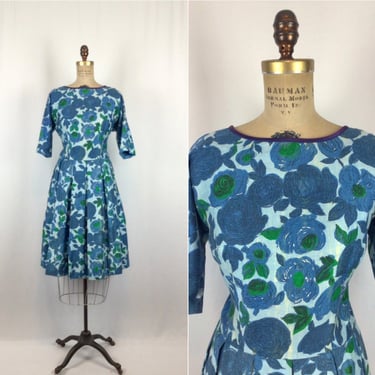 Vintage 50s dress | Vintage blue green print fit and flare dress | 1950s floral print day dress 