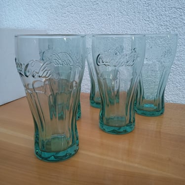 Set of 6 vintage Coca Cola contour green glasses, 0.20 L glass with embossed Coca Cola logo, Coke glassware, advertising collectors glass 