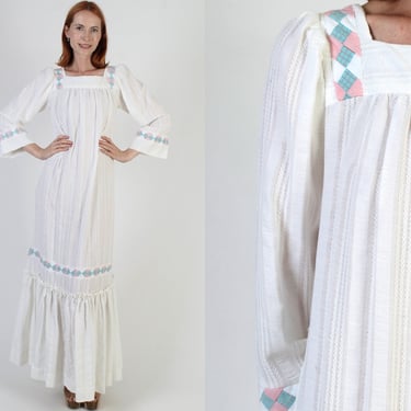 Seersucker Striped Hawaiian Caftan, Vintage 70s Bell Sleeve Quilted Maxi, Floor Length Tiered Kaftan, Sheer Boho Wedding Gown 