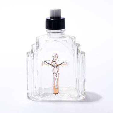 Holy Water Bottle, Twin Cap, Gold Crucifix, Raised Relief Holy Water and Crucifix,Art Deco, c.1930s 