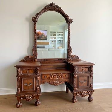 NEW - Antique Jacobean Vanity with Mirror, Solid Wood Vintage Dressing Table, Ornate Bedroom Furniture 