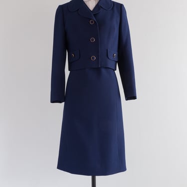 Darling 1960's Navy Blue Dress &amp; Jacket Set By Robert Leonard / ML