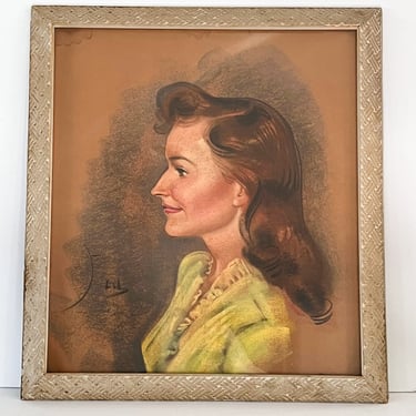 Original Vintage Pastel Portrait. Mid Century Artwork. Vintage Framed Wall Decor. 