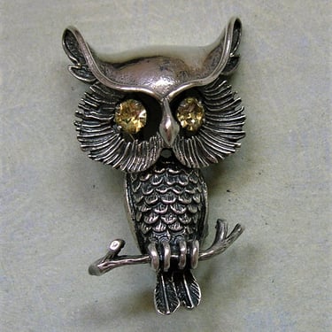 Vintage Beau Sterling Silver Owl Brooch Pin, Old Silver Owl Brooch, Vintage Sterling Owl With Rhinestone Eyes (#4173) 