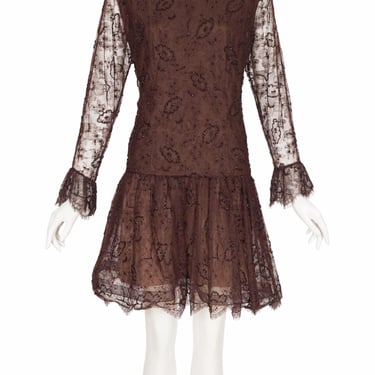 John Anthony 1980s Vintage Beaded Brown Chantilly Lace Drop-Waist Dress Sz M 