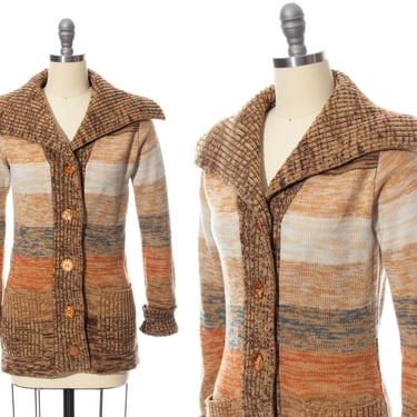 Vintage 1970s Cardigan | 70s Knit Acrylic Spacedye Space Dye Striped Earth Tones Button Up Boho Sweater Coat (x-small/small) 