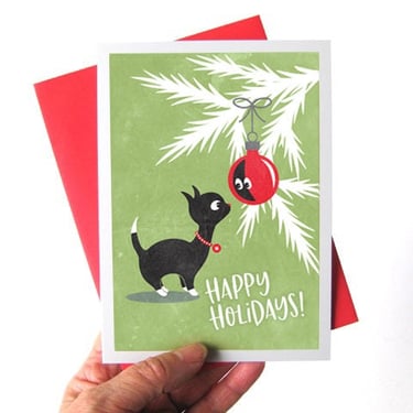 Vintage Cat Christmas Cards, Black Cat Under the Tree, Retro Holiday Cards, Happy Holidays, Blank Notes / Set of 25 