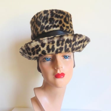 1960's Leopard Print Faux Fur Bucket Hat Mod Style 60's Fall Winter Millinery I. Magnin 