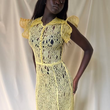Vintage 1930’s Thrashed Lace Yellow Dress