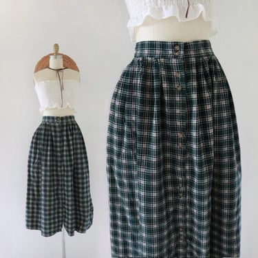 full corduroy button skirt 29-32 - vintage 90s y2k womens green plaid with pockets long midi full cotton 