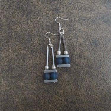Mid century modern navy blue frosted glass and pewter earrings 