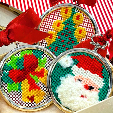 VINTAGE: 3 Cross Stitch Ornament - Christmas Finds, Santa, Christmas Tree, Christmas Bells - SKU Tub-28-00034530 