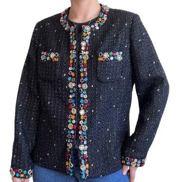 Vintage 80s Berek Black Tweed Rainbow Jeweled Beaded Blazer Jacket XL 