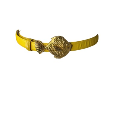 Vintage Carlisle Yellow Lizard Embossed Belt with Gold Tropical Fish Buckle, 26-30 
