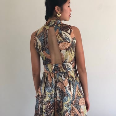 70s maxi dress / vintage gold shimmery print sleeveless high collar halter cut out open back gold empire holiday wedding guest dress | S 