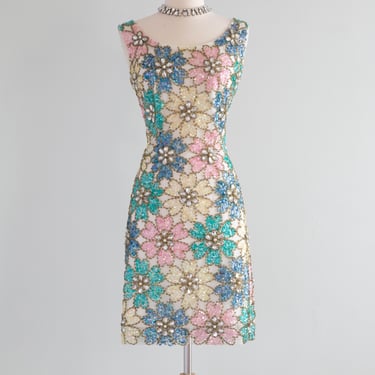 Iconic 1960's Fully Beaded Flower Power Cocktail Dress / Medium