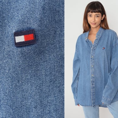 Tommy Hilfiger Denim Shirt 90s Blue Jean Button Up Shirt Long Sleeve Cotton Button Down Flag Logo Top Retro Basic Vintage 1990s 2xl xxl 