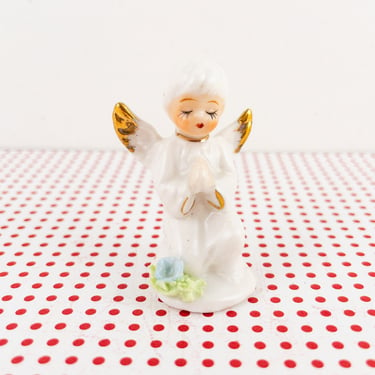 Vintage Miniature Porcelain Angel with Wings, Small White Ceramic Angel with Gold Tipped Wings, Praying Angel Figurine, Young Girl Gift 