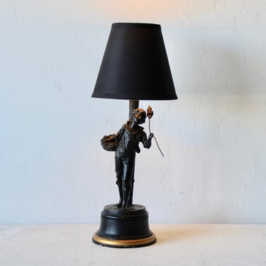 Emile Bruchon Style Figural Table Lamp Farm Boy Picking Grapes Details Vintage Mid Century 