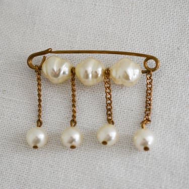 Antique Faux Pearl Kilt Safety Pin Brooch 