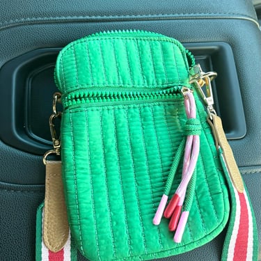 GREEN Shiraleah Ezra Quilted Nylon Phone and Card Holder Crossbody Bag with Pink, Green, & Red Strap by LeChalet