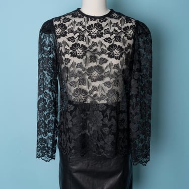 1970s Black Lace Puff Sleeve Top with Scalloped Edges 