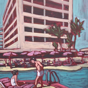 Pool #103 - Original Acrylic Painting on Canvas 16 x 20, retro, summer, vintage, swimsuit, bathing suit, palm trees, woman, michael van, art 