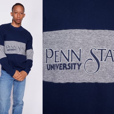 Large 80s Penn State University Sweatshirt | Vintage Navy Blue Color Block Striped Collegiate Pullover 