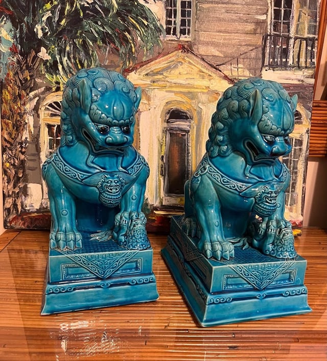 Heavy vintage foo dog statues in pretty blue 