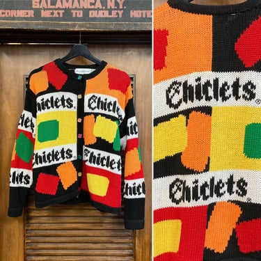Vintage 1990’s “Eagle’s Eye” Label Chiclets Candy Cardigan Sweater, 90’s Pop Art, Vintage Cardigan, Vintage Gum, Vintage Clothing 