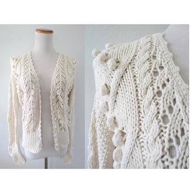 Vintage Chunky Knit Cardigan Sweater - Popcorn Cable Cotton Knit Cream Off White Thick Sweater - Size Small 