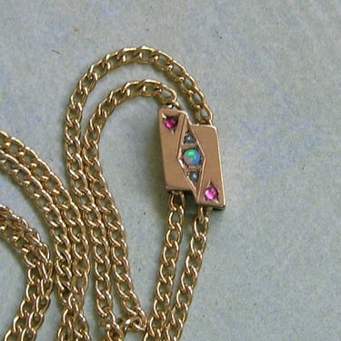 Antique Victorian Gold Filled Slide Chain With an Opal, Seed Pearls and Pink Stones Slide, GF Watch Chain With Gold Filled Slide (#4390) 