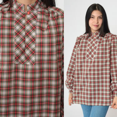 70s Plaid Tunic Top Red Checkered Blouse Button up Shirt Puff Sleeve Retro Seventies Vintage 1970s Smock Top Slit Neck Mandarin Collar Small 