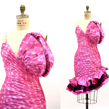 80s 90s Vintage Pink Silk Polka Dot Party Dress Size Small Medium Fuchsia Magenta Silk dress HOLT RENFREW // 80s Vintage Pink Ruffle Dress 