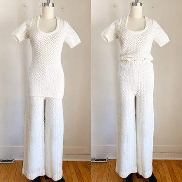 Vintage 1970s White Sweater Top & Pants set / XS-S 