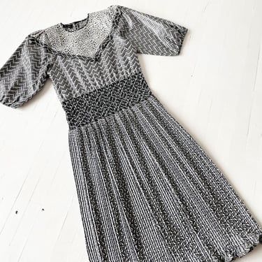 1980s Diane Freis Mixed Print Pleated Dress 