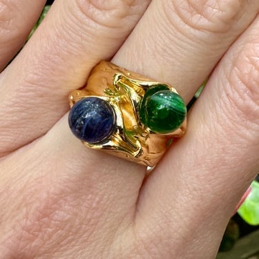 80s Mogul Blue and Green Glass Gold Ring Size 7 &amp; 7.5