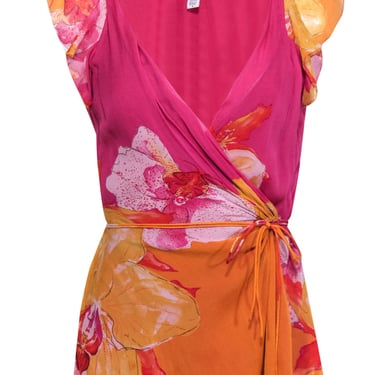 Diane von Furstenberg - Fuchsia &amp; Orange Floral Print Silk Wrap Blouse Sz 4