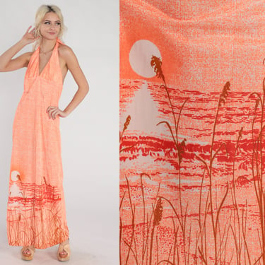 70s Halter Dress Orange Maxi Dress Beach Sunset Seagull Print Print Sundress Open Back Long Sun Dress Boho Sleeveless Vintage 1970s Medium M 