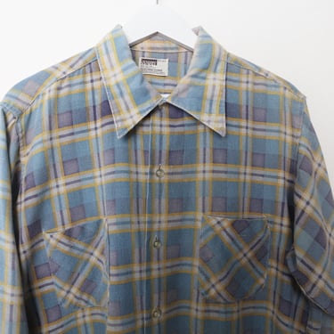 GRUNGE FLANNEL plaid pattern 1950s 60s button up shirt blue & white twin peaks shirt -- size large 