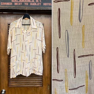 Vintage 1950’s Size L Atomic Pattern Textured Rayon Cabana Rockabilly Shirt, 50’s Loop Collar, Vintage Clothing 