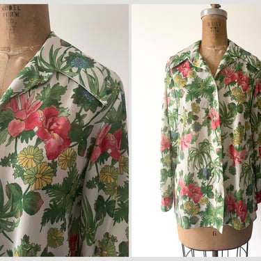 Vintage 1970’s dagger collar women’s shirt | pink & green garden floral print, M 