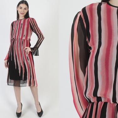 Hanae Mori Dress, Vintage Designer Brand, Black Sheer Fabric, Vertical Stripe Print, Tag Size 6 